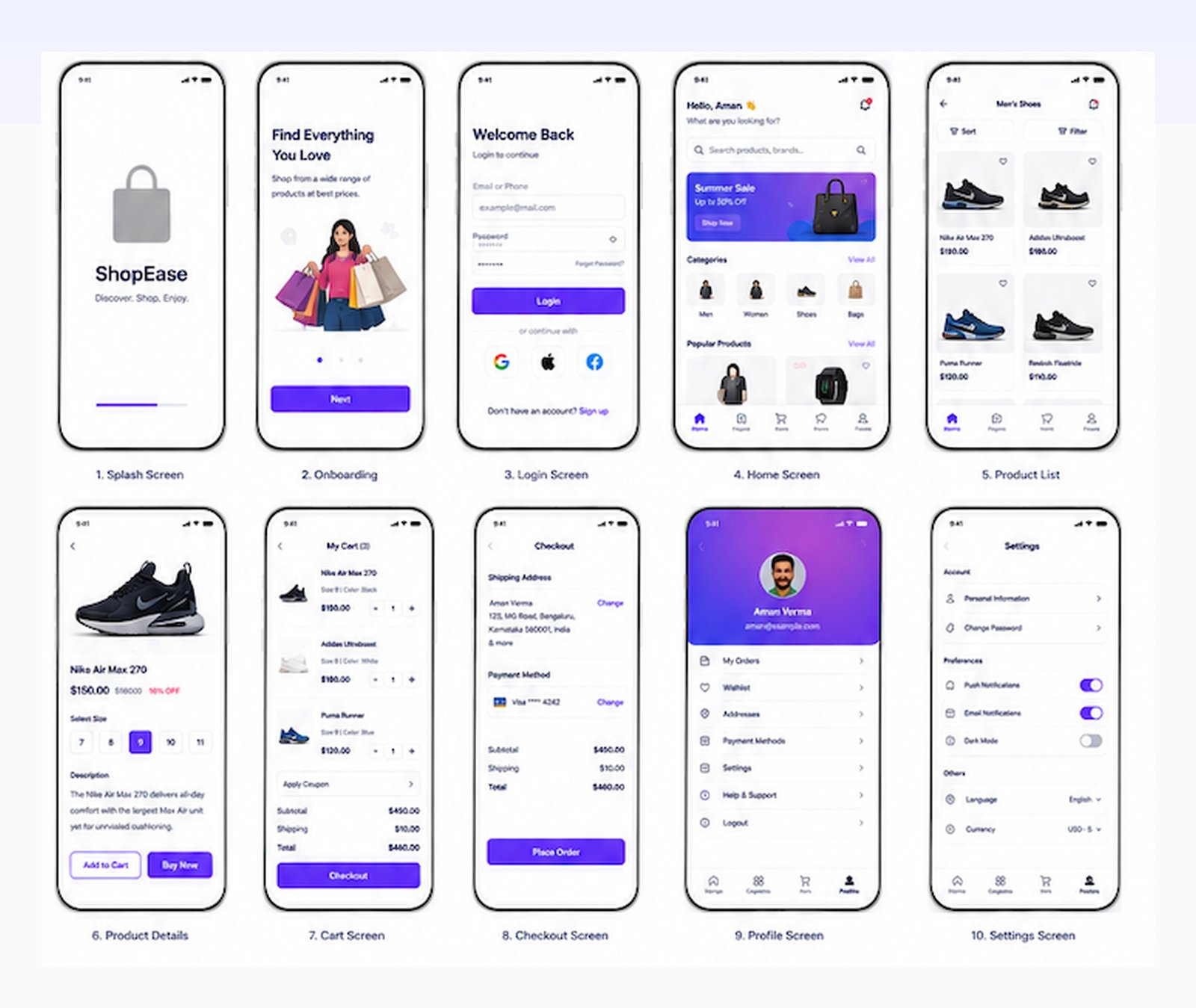 10-screen mobile app wireframe flow generated with AdShot AI