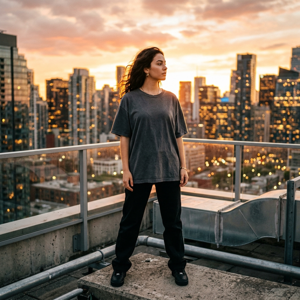 Sunset City Skyline Rooftop Fashion Model T-Shirt