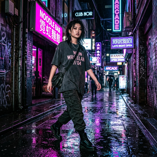 Cyberpunk Neon Rain Alley Streetwear T-Shirt