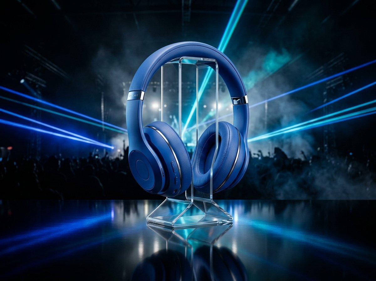 Cobalt blue headphones displayed upright on clear acrylic stand with concert laser backdrop