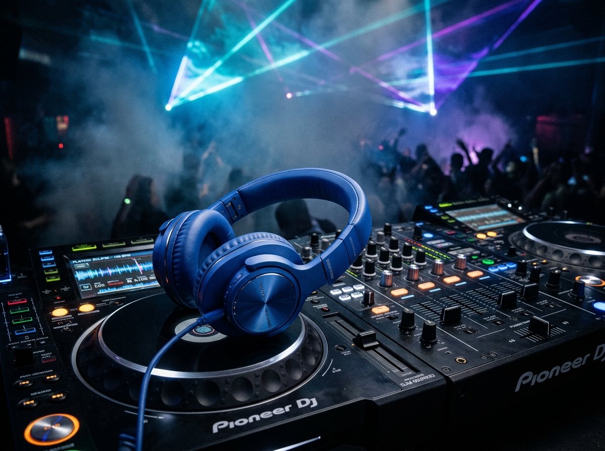 Blue headphones resting on professional DJ mixing console with stage lasers and smoke