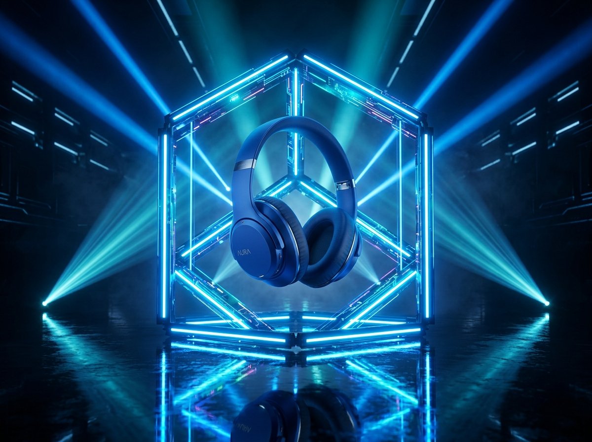 Aura Cobalt blue headphones floating inside glowing neon laser cube stage