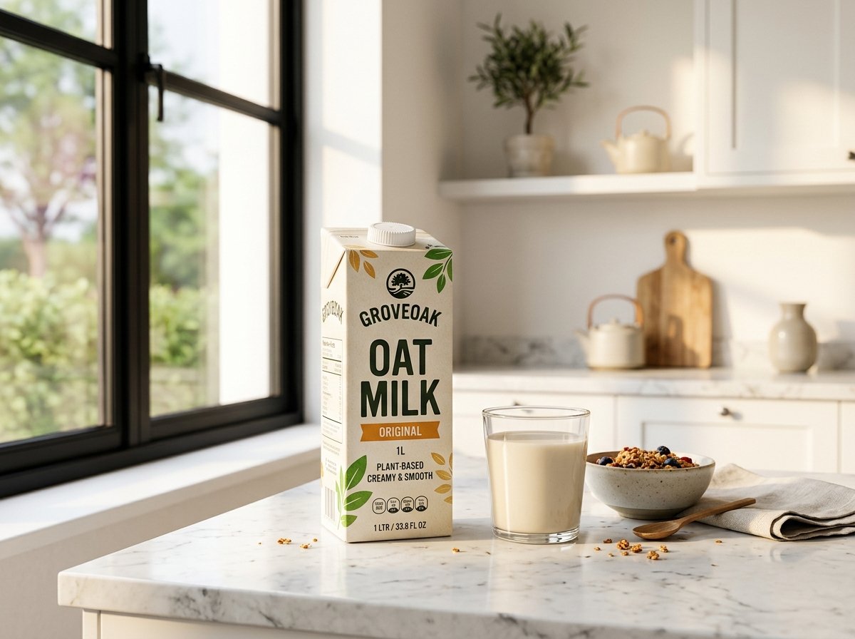 Groveoak Oat Milk carton standing on sunlit kitchen marble countertop