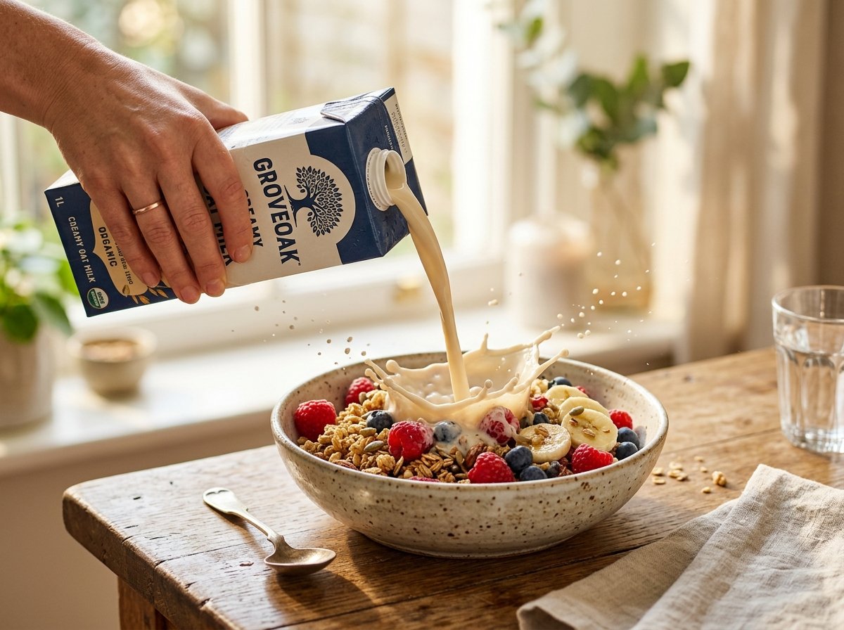 Dynamic high-speed liquid capture pouring creamy oat milk over breakfast granola bowl with berries