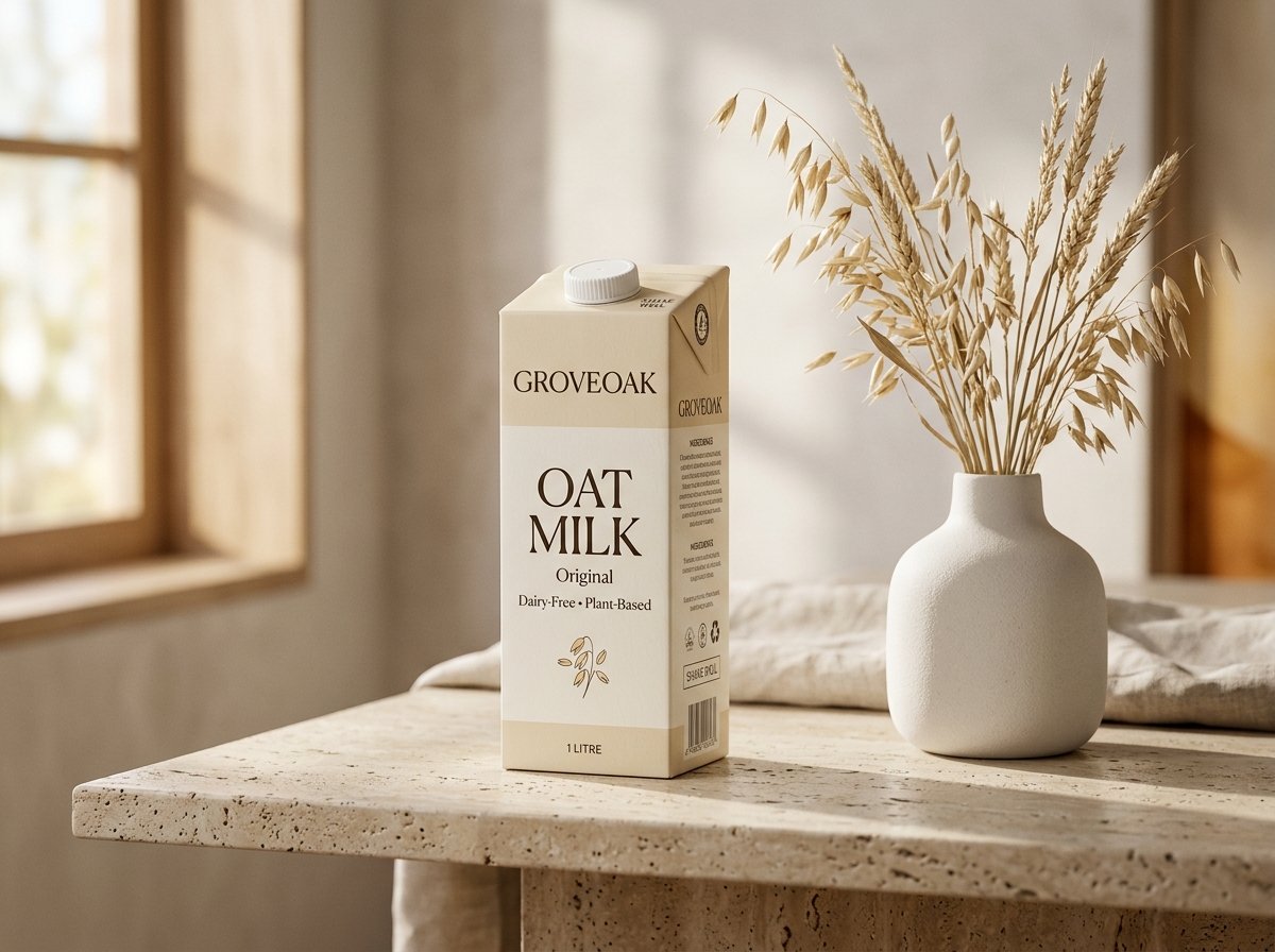 Minimalist still life of Groveoak Oat Milk beside a ceramic vase with dried oat stalks on travertine stone