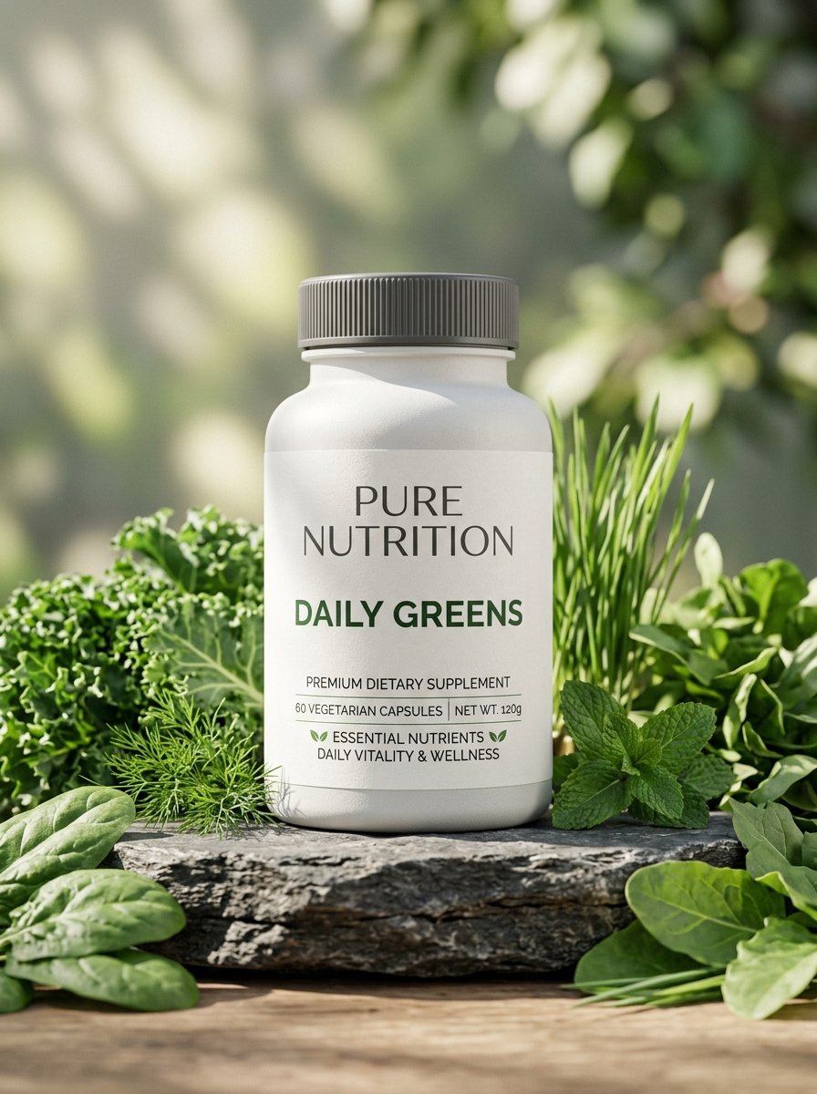 Pure Nutrition Daily Greens 3D Product Mockup on slate pedestal